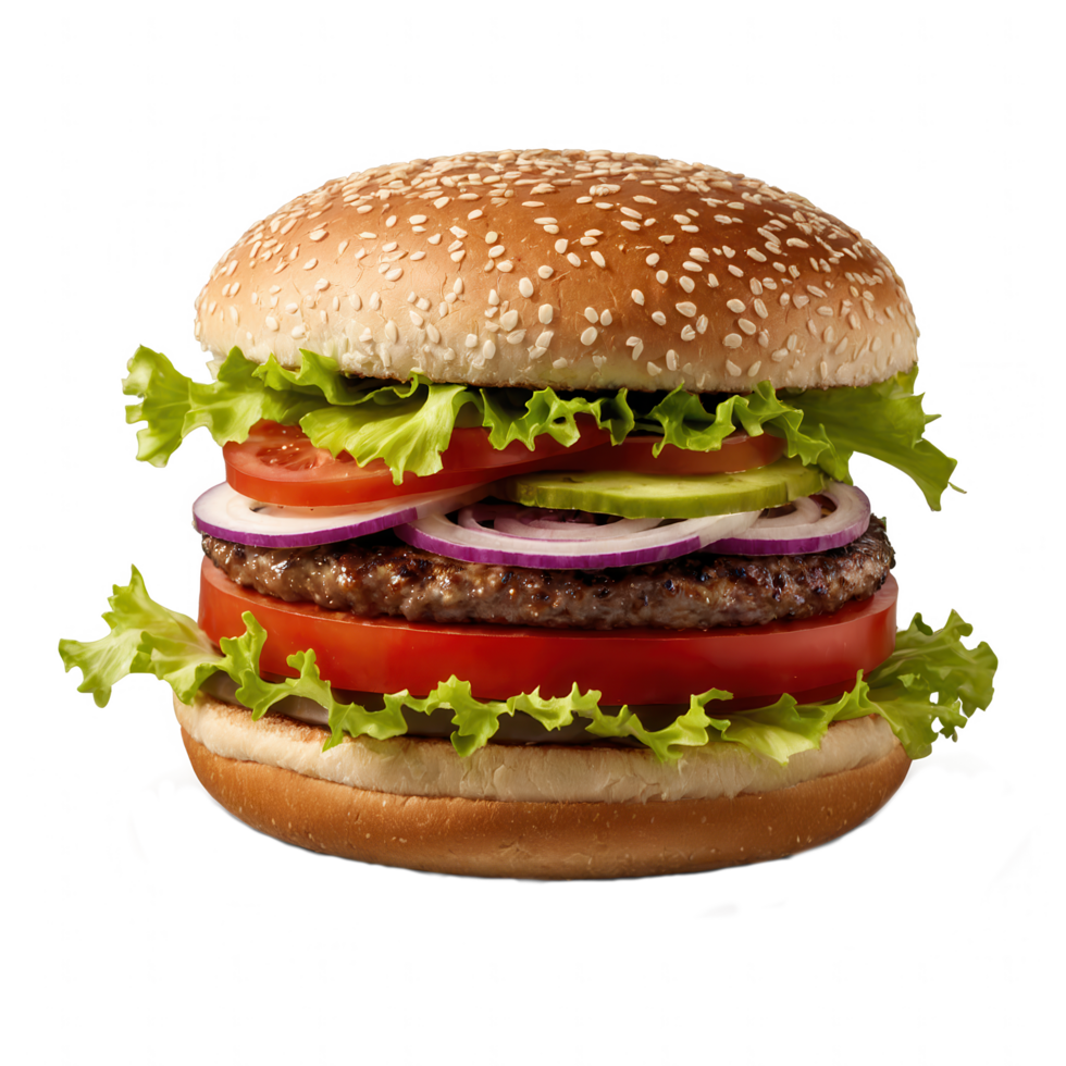 Juicy beef burger with fresh toppings on a sesame seed bun. png