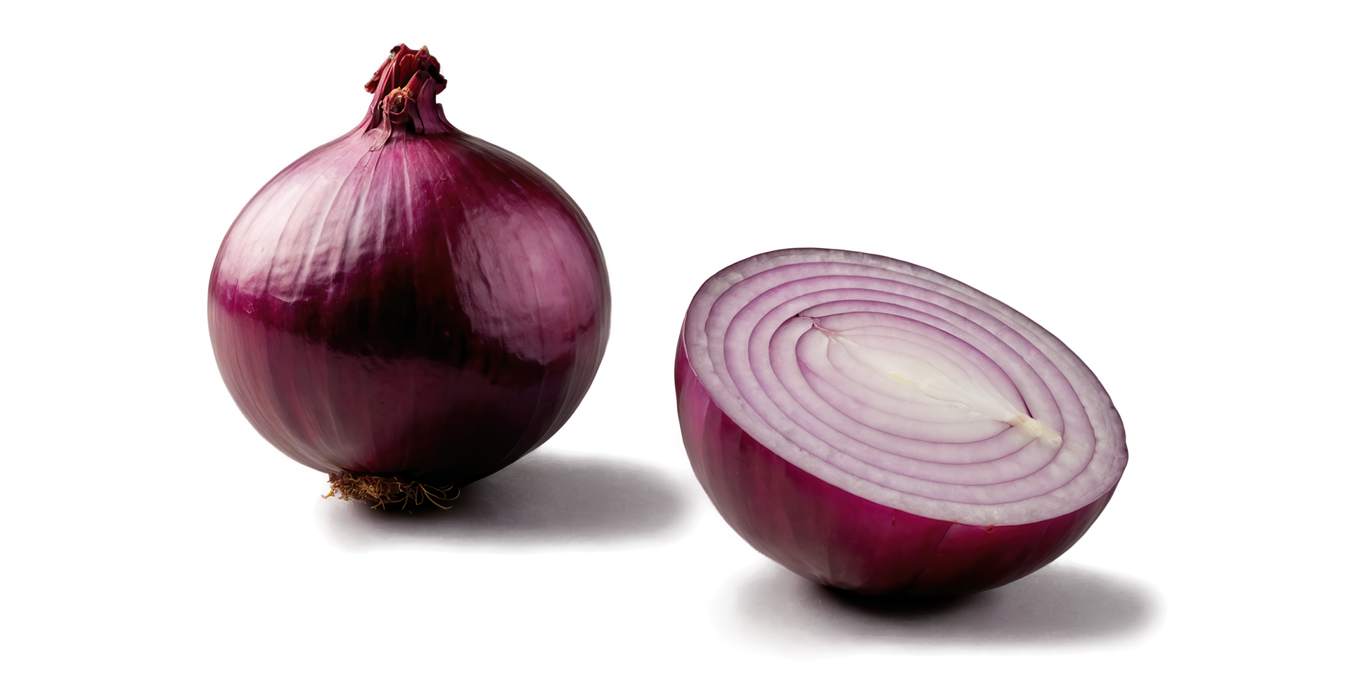 A whole red onion and a cross-section of one, showcasing its layers and vibrant color. png