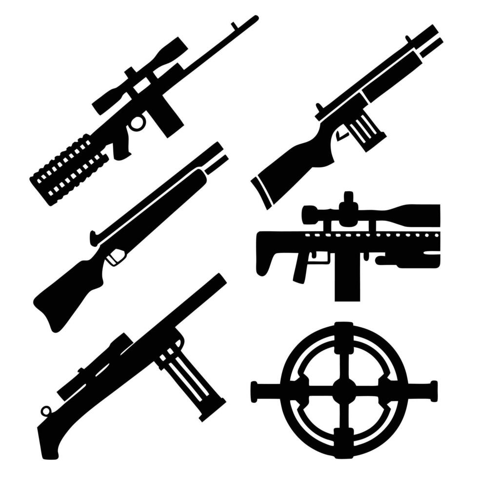 Gun and Rifle Silhouettes Hunting and Defense Weapon Icons vector