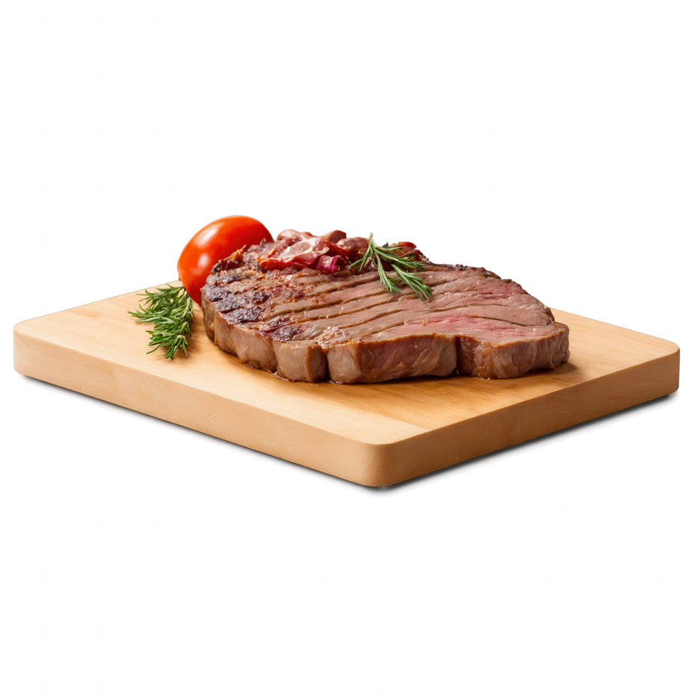 Grilled steak with bacon and herbs, served on a wooden board. png