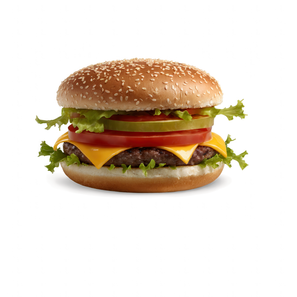 Juicy cheeseburger with fresh toppings on a sesame seed bun. png