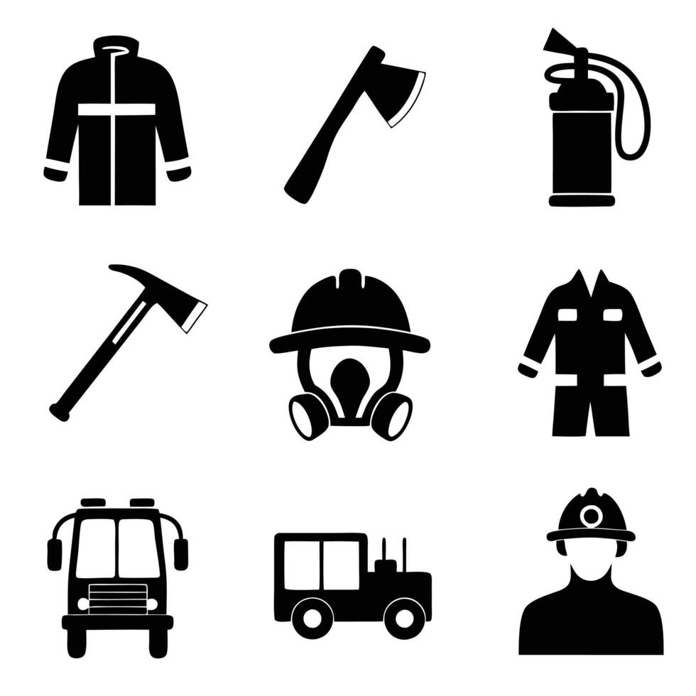 Firefighter and Rescue Equipment Silhouette Collection vector