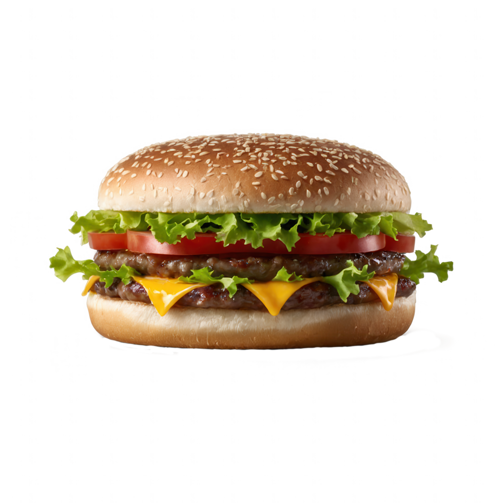 Juicy double cheeseburger with lettuce, tomato, and sesame bun. png