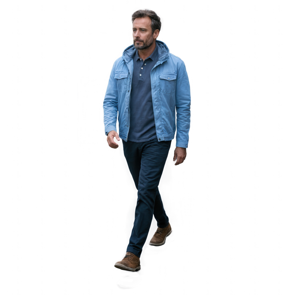 A man strolls confidently, dressed in a light blue jacket and dark trousers. png