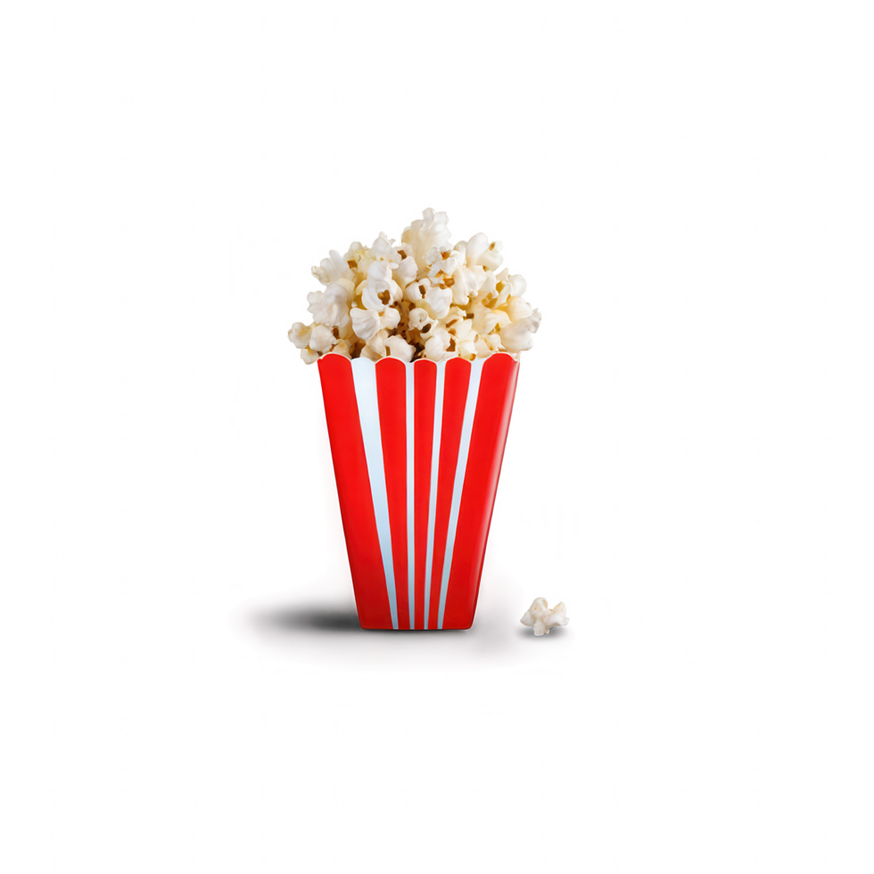 A red and white striped popcorn bucket overflowing with fluffy popcorn, a classic movie snack. png