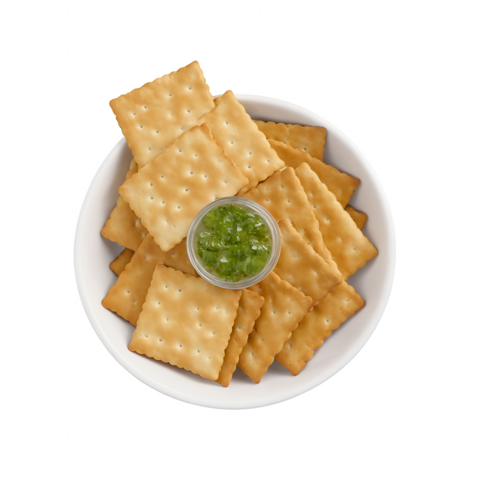 Crispy crackers and a vibrant green dip. The perfect savory snack for any occasion png