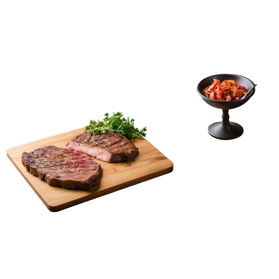 Grilled steak sliced on a wooden board, served with a side of diced tomatoes. png