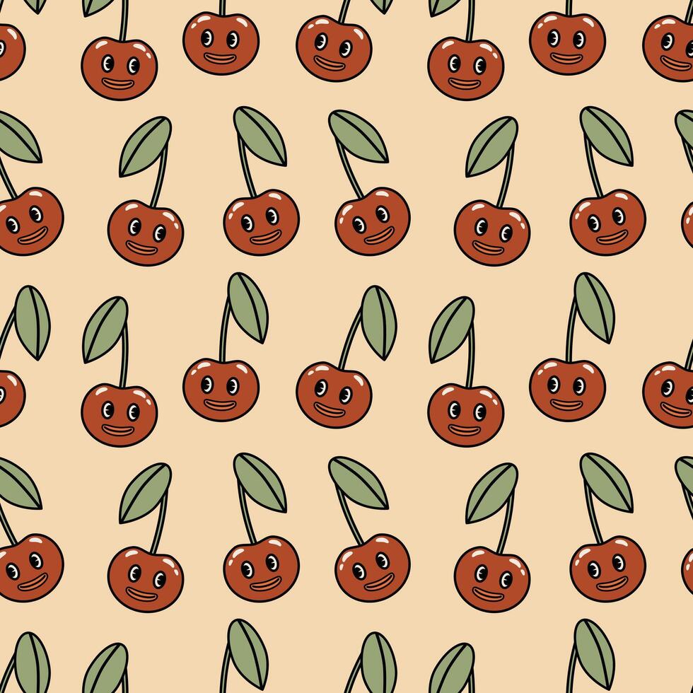 Seamless pattern with retro groovy cherry on a beige background. illustration for packaging, baby clothes, wrapping paper, cover, case vector