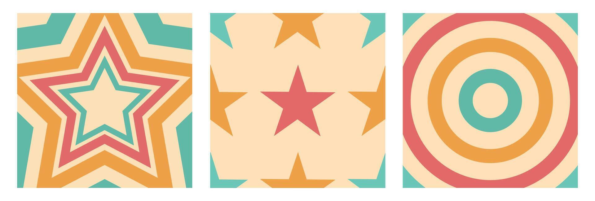 Retro background set with colorful stars and circles. Abstract illustration for background, patch, poster, summer design vector