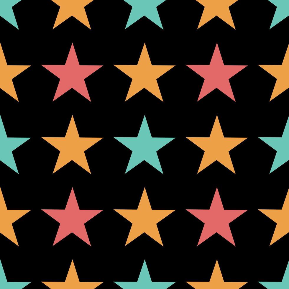 Retro seamless pattern with colorful flat stars on a black background. illustration for packaging, fabric, cover, wrapping paper vector
