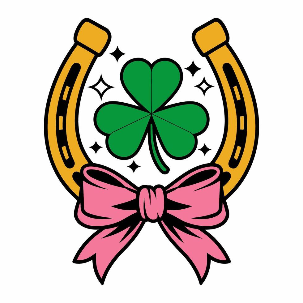 Lucky Horseshoe with Clover and Pink Ribbon vector