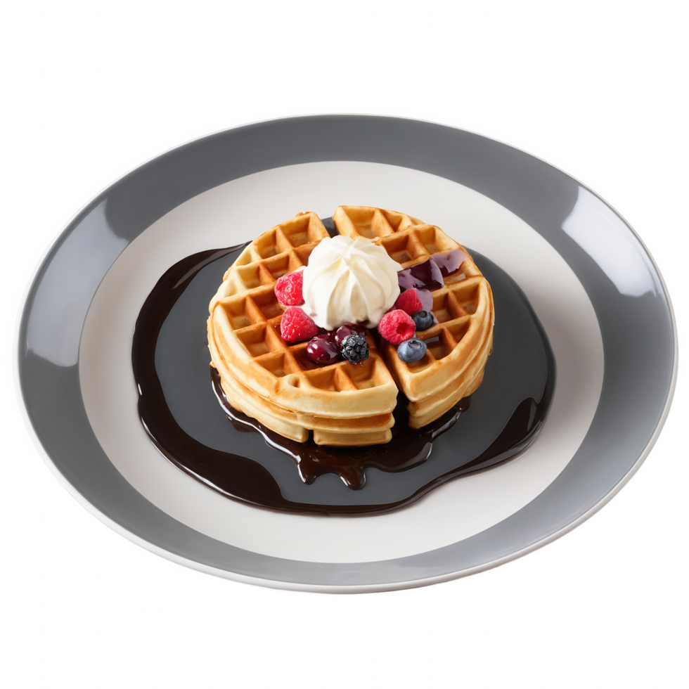 Waffles topped with whipped cream, berries, and chocolate sauce. png