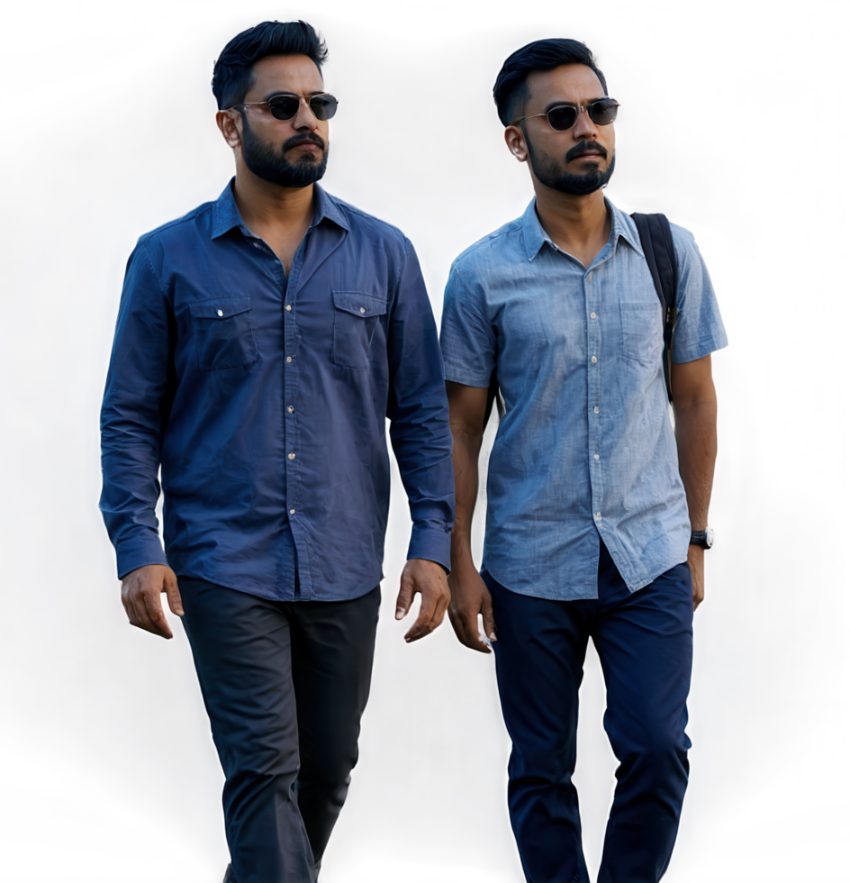 Two men in button-down shirts and sunglasses stroll together. png
