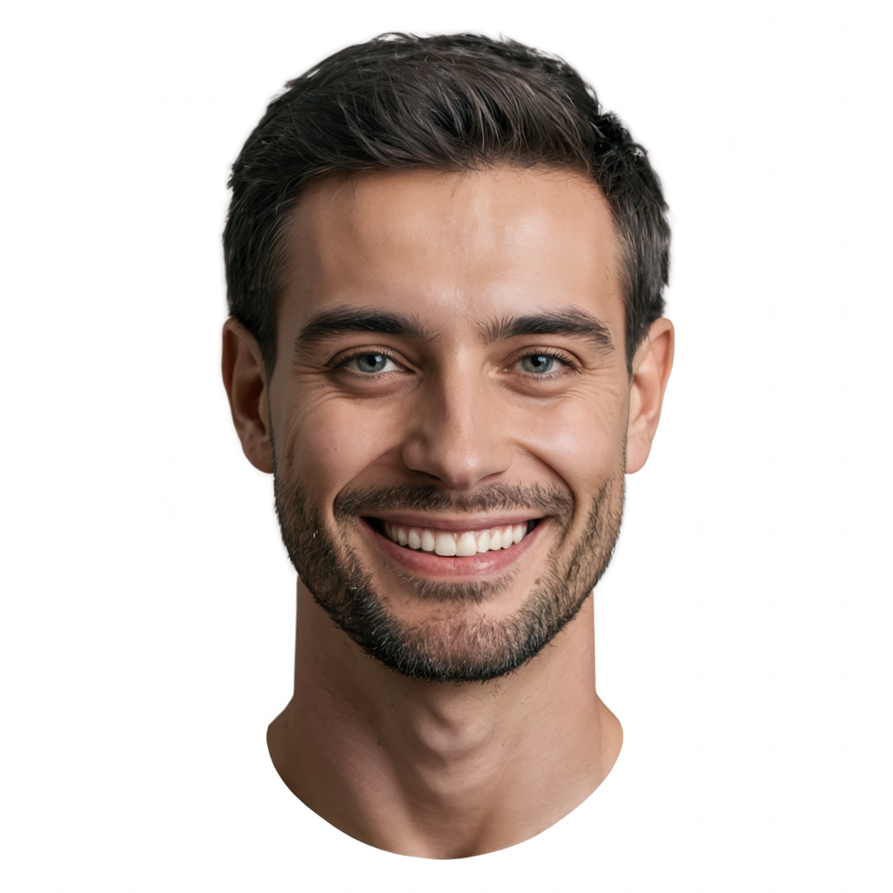 A portrait of a smiling man with short brown hair and a beard. png