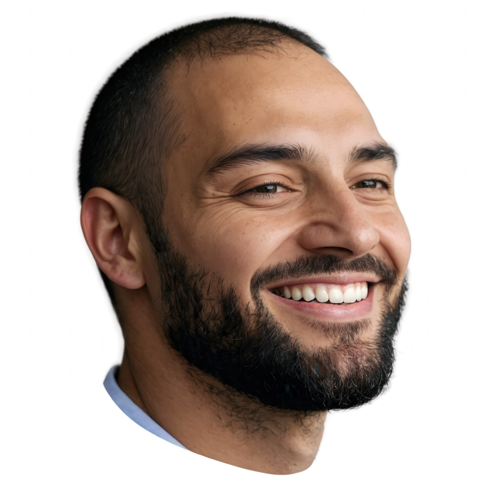 A close-up portrait of a smiling man with a beard. png