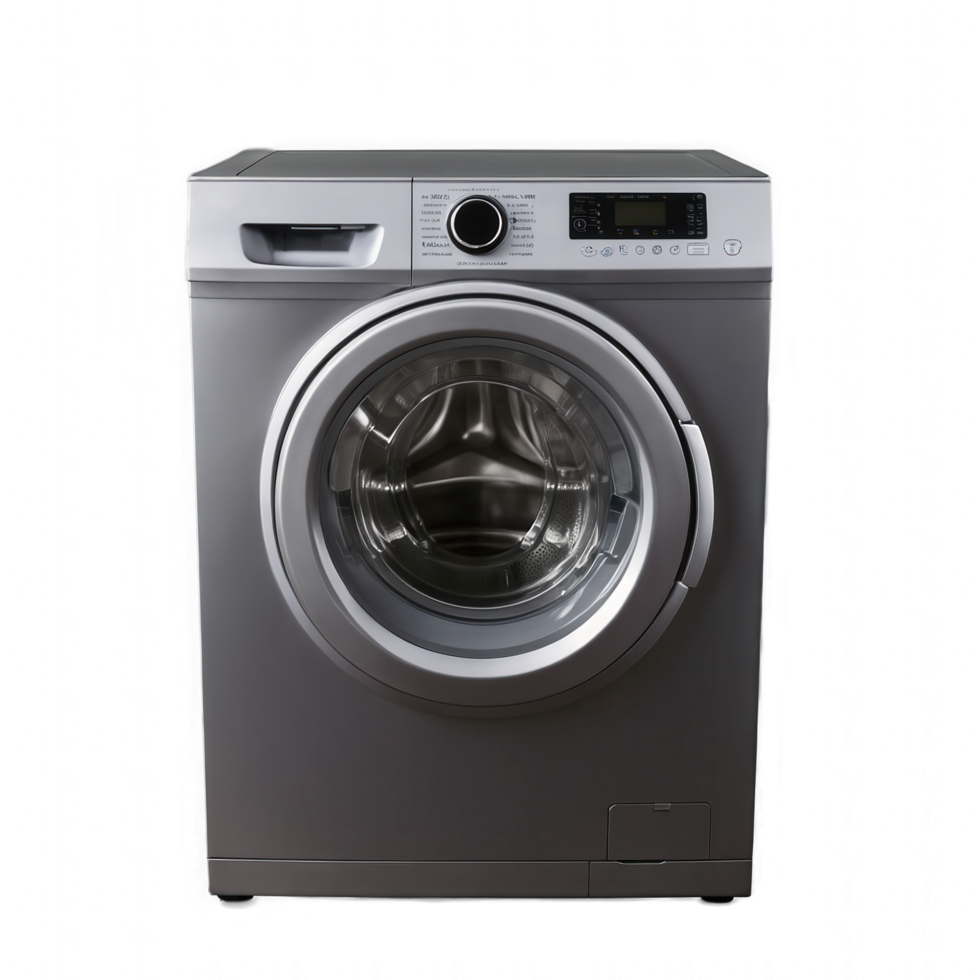 A sleek, silver front-load washing machine, ready for laundry. png