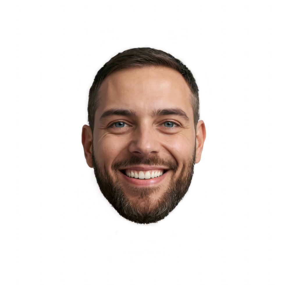A man with a beard smiles brightly, showcasing his healthy teeth and cheerful expression. png