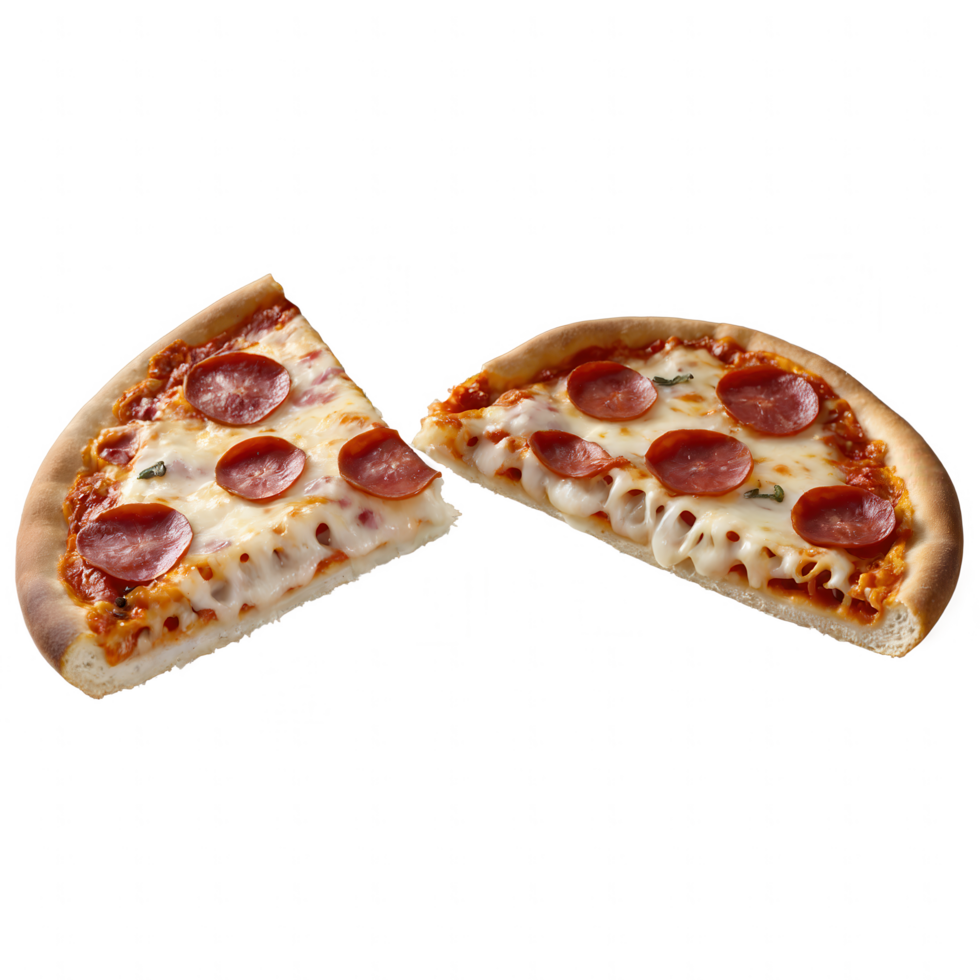 Two slices of pepperoni pizza, cheese pulled apart, showing deliciousness. png