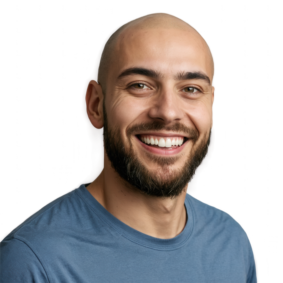 Smiling bald man with beard, happy expression. png