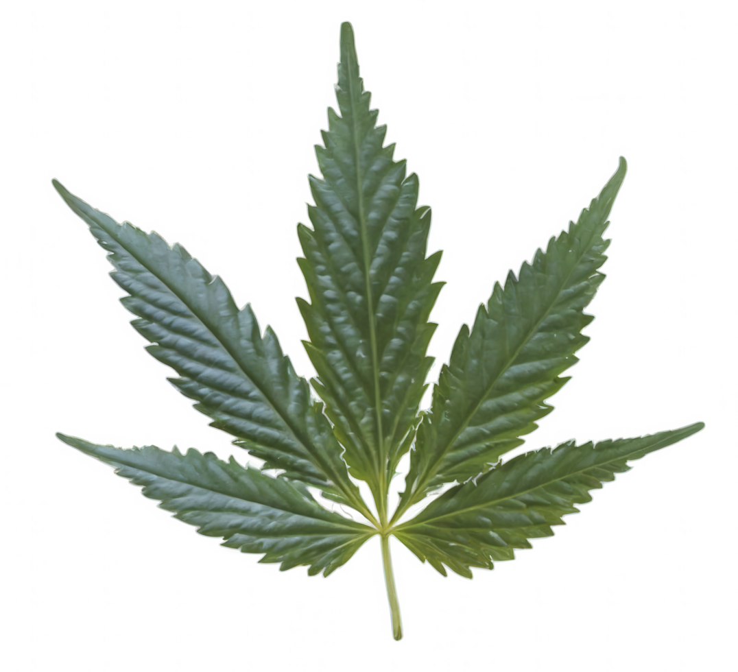 A detailed close-up of a cannabis leaf, showcasing its serrated edges and vibrant green hue. png