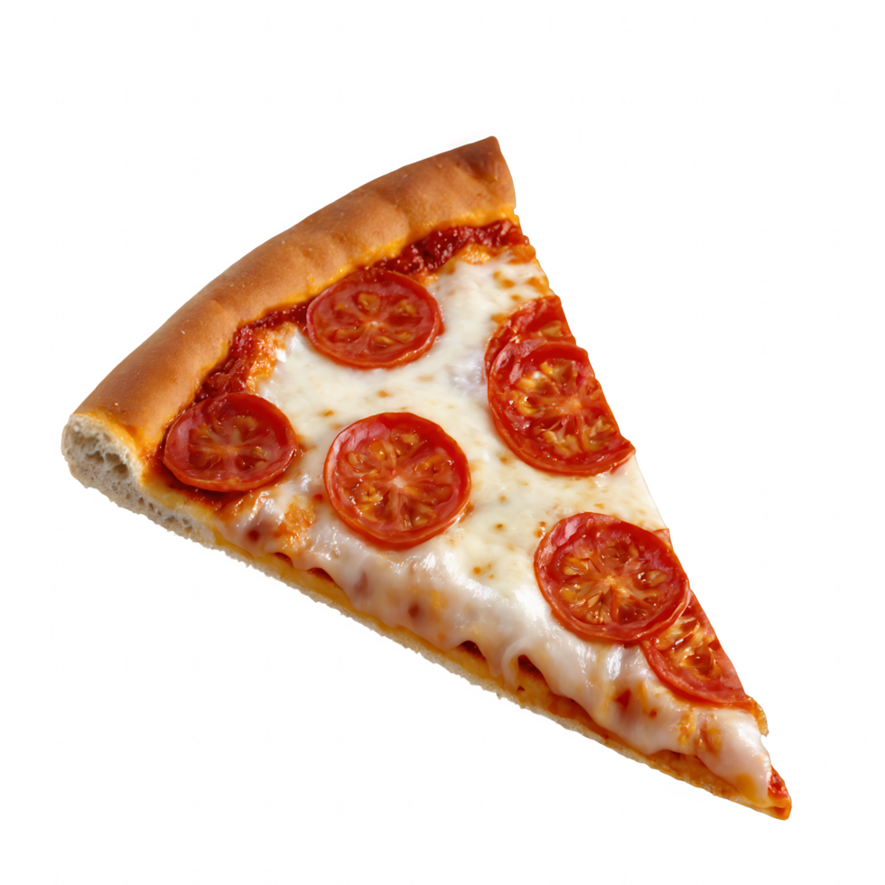 A cheesy pizza slice with tomato toppings. png