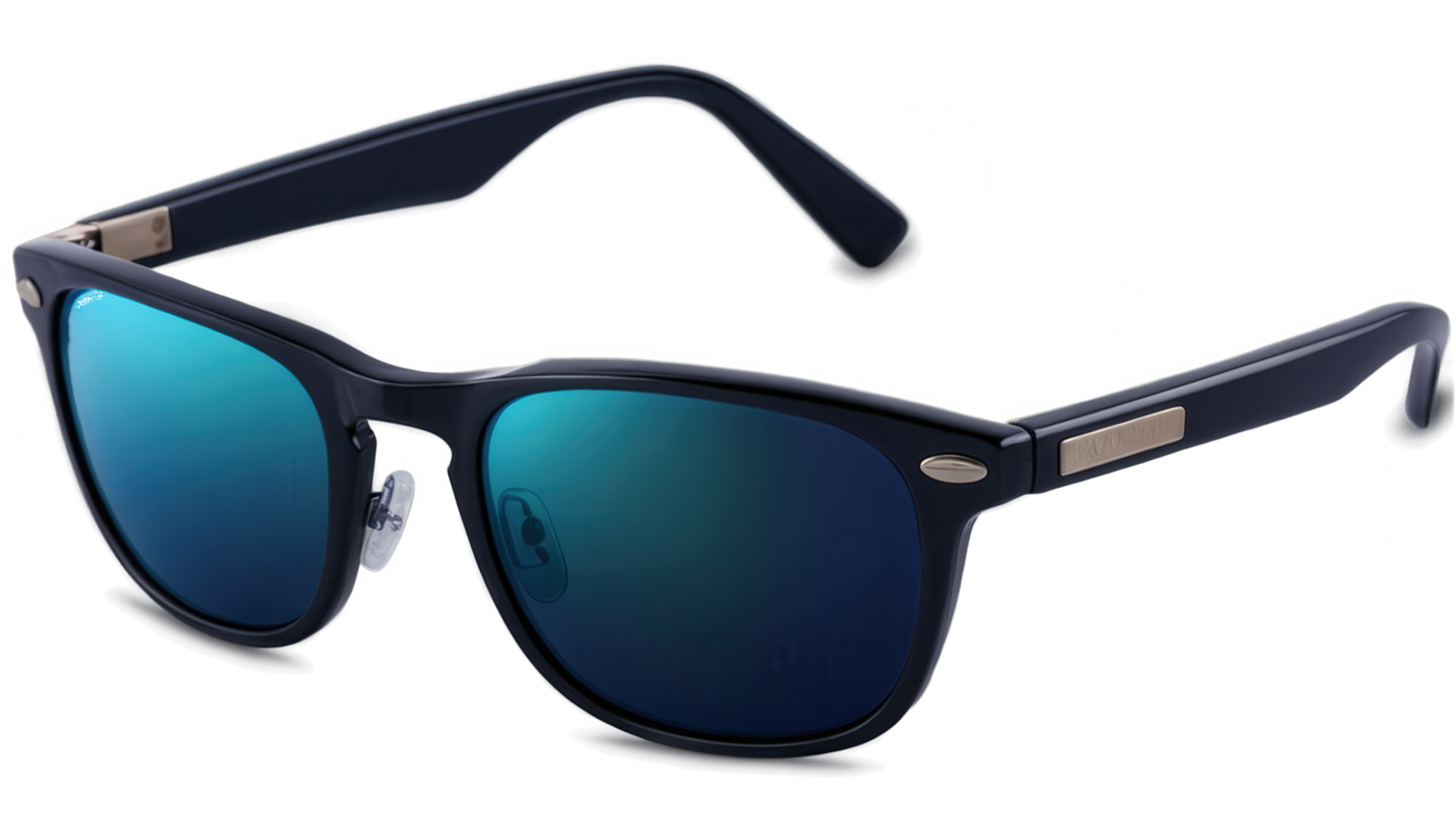 Sleek sunglasses with a dark frame and vibrant blue mirrored lenses. Perfect for sun protection and style. png