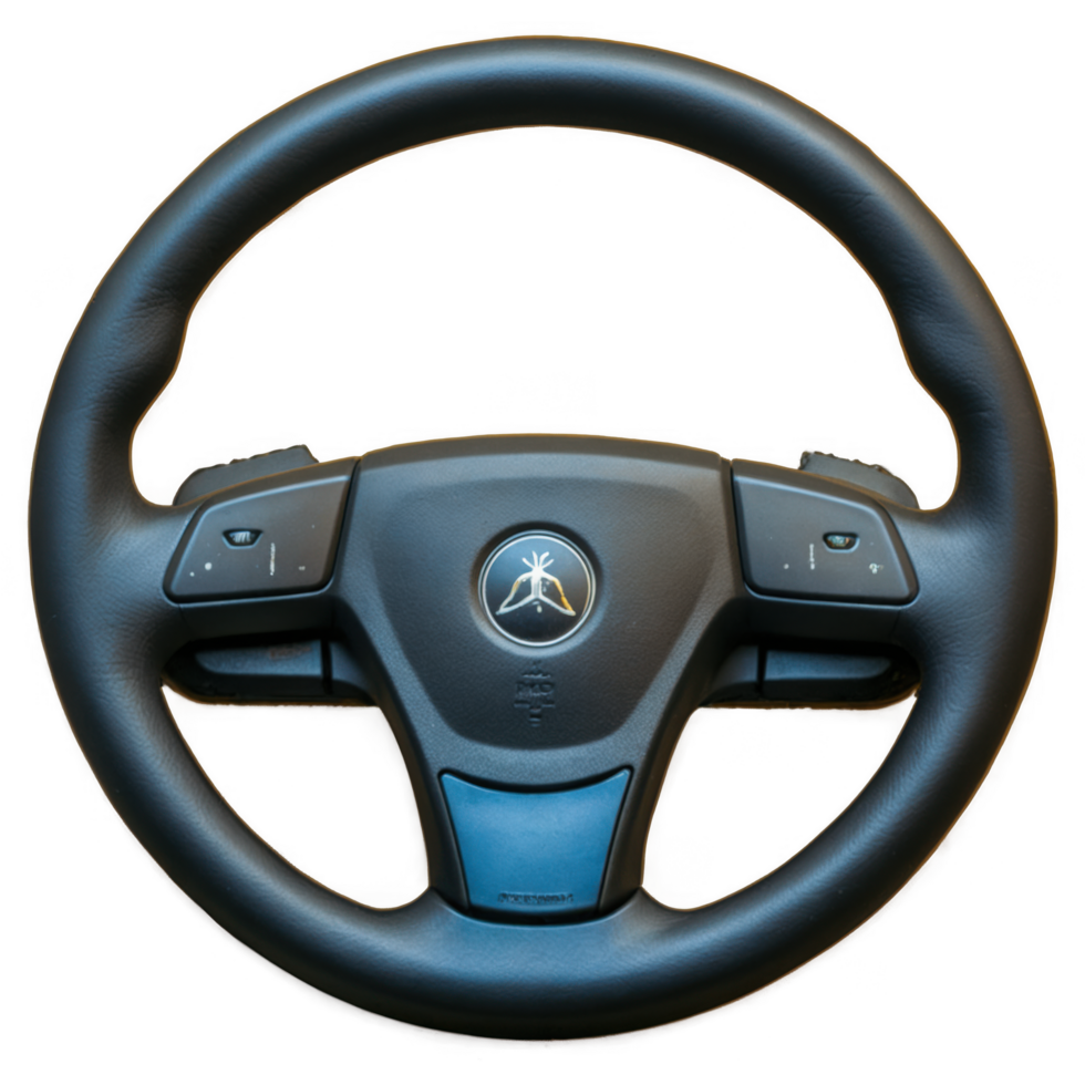 Close-up of a vehicle's steering wheel featuring integrated controls. png