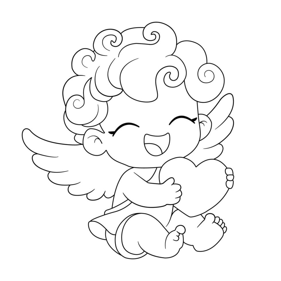 Adorable Cupid with Heart line art drawing vector