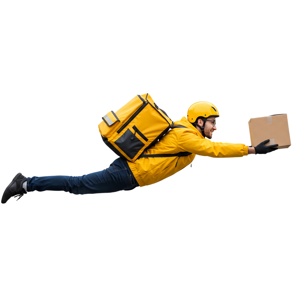 Young Delivery Man in a Yellow Uniform Flying to Deliver an Order, Isolated on a Transparent Background Fast Delivery Service Concept. png