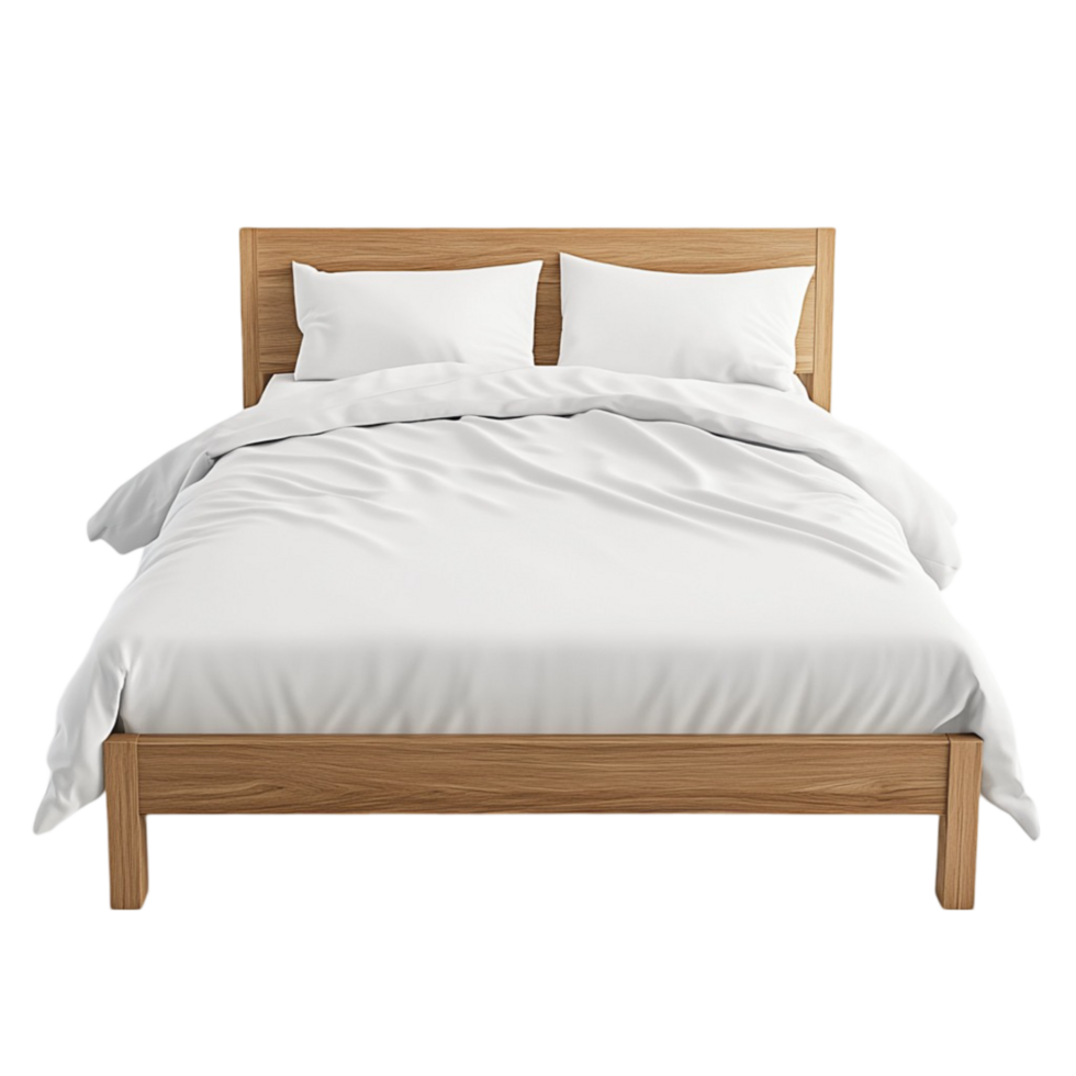 Wooden Bed with Cozy White Linens png