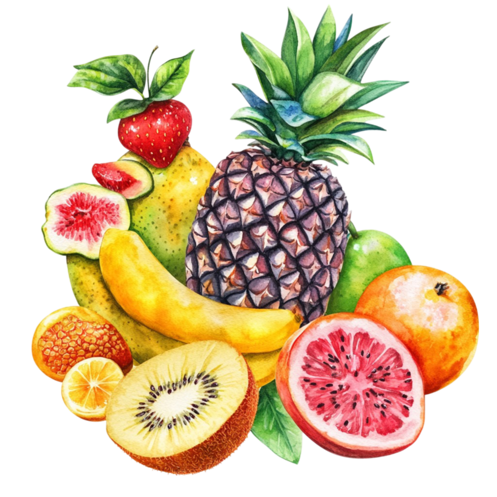Colorful Tropical Fruits Including Pineapple, Kiwi, and Grapefruit png