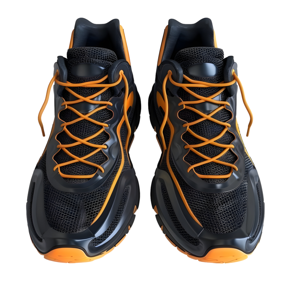 Pair of black and orange athletic sneakers, isolated on a transparent background png
