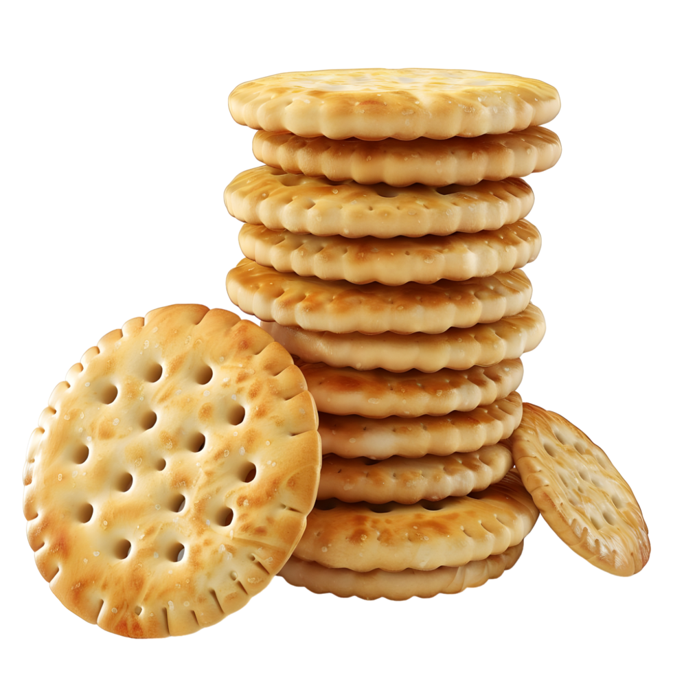 Stack of golden cookies with visible crumbs, isolated on a transparent background png