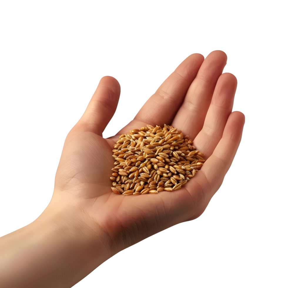 Hand holding a pile of golden grains, isolated on a transparent background png