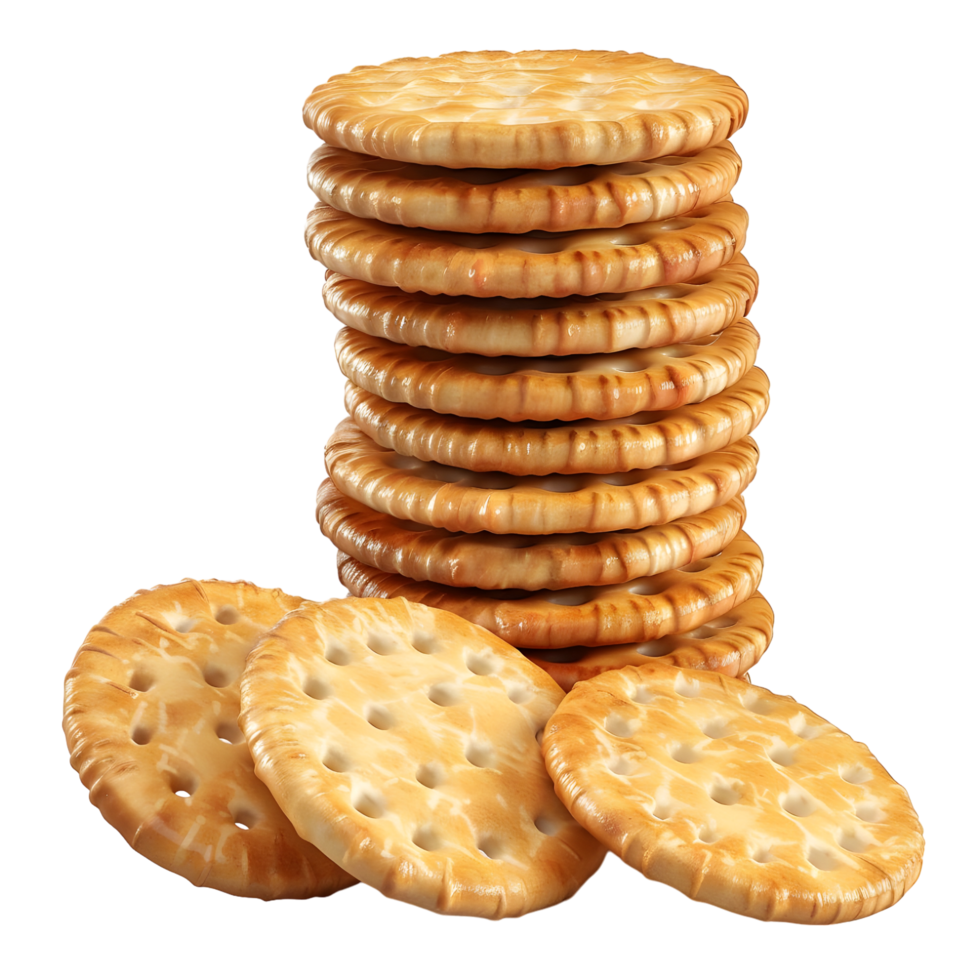 Stack of crunchy golden cookies with visible crumbs, isolated on a transparent background png