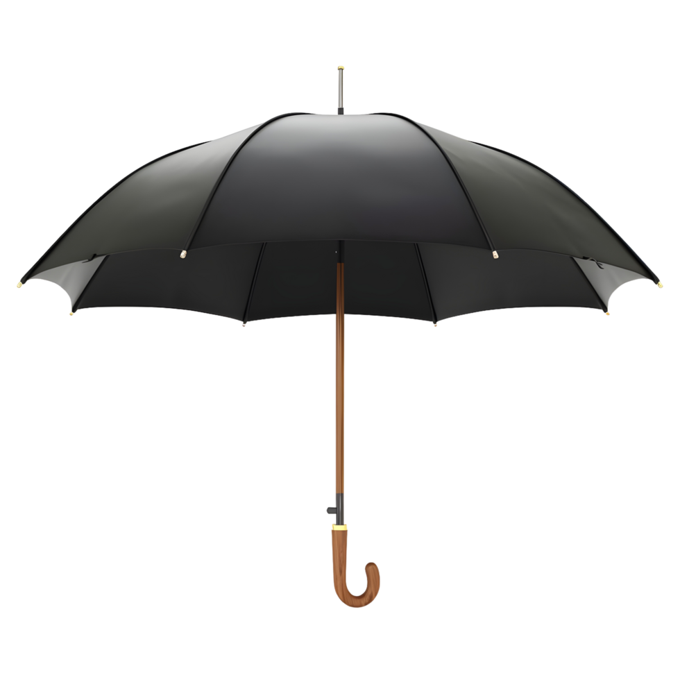 Black umbrella with a wooden hook handle, isolated on a transparent background png