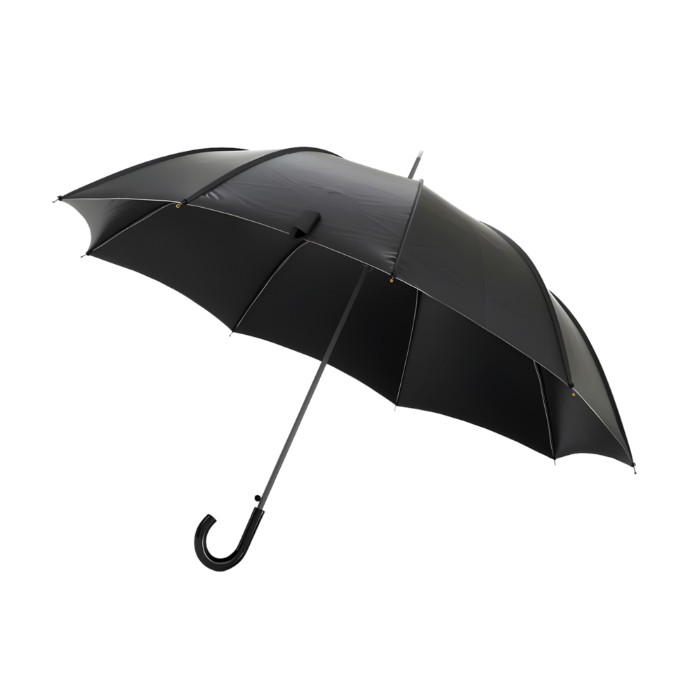 Classic black umbrella with curved handle, isolated on a transparent background png