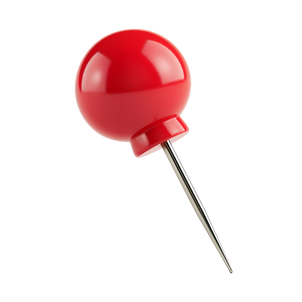 Red pushpin with a metallic pin, isolated on a transparent background png