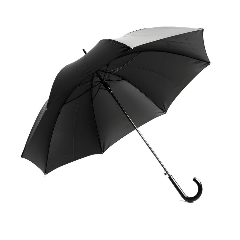 Black umbrella with a curved handle, isolated on a transparent background png