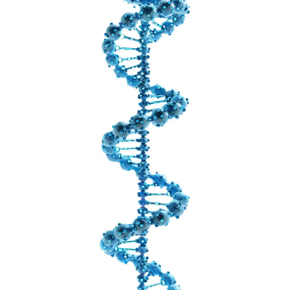 Abstract rendering of a DNA helix with vivid blue highlights, isolated on a transparent background png