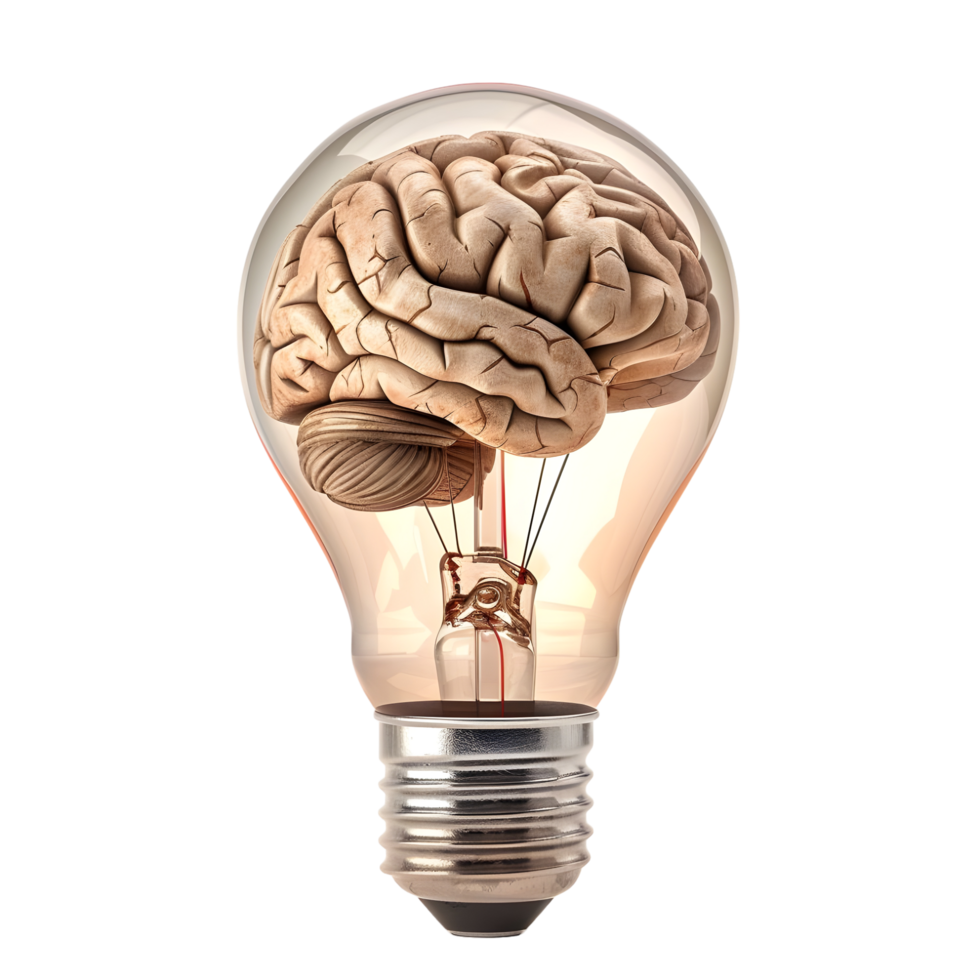 Close-up of a light bulb with intricate brain patterns inside, isolated on a transparent background png
