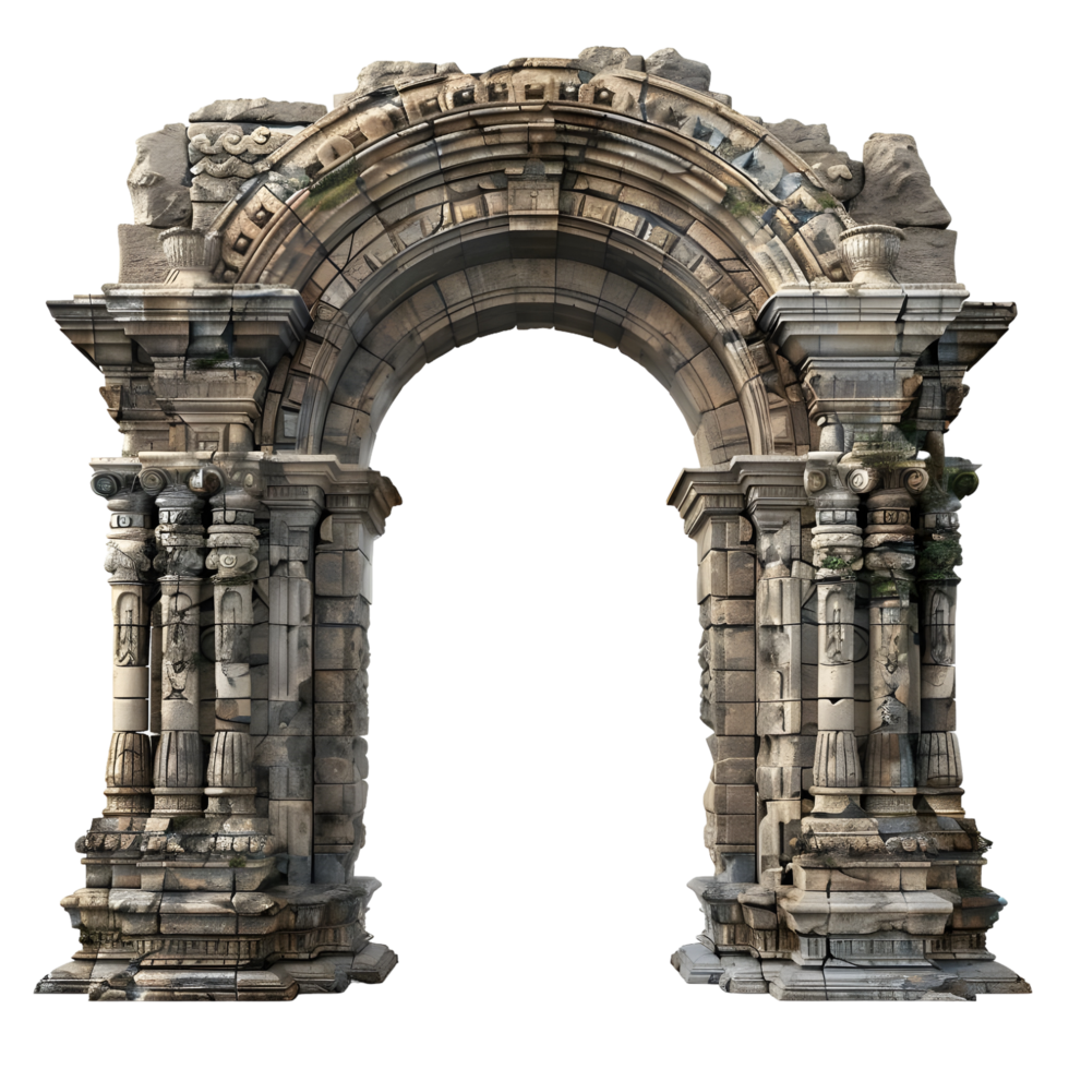 Ornate stone arch with historical carvings, isolated on a transparent background png
