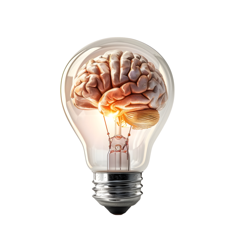 Light bulb with a glowing brain design inside, isolated on a transparent background png