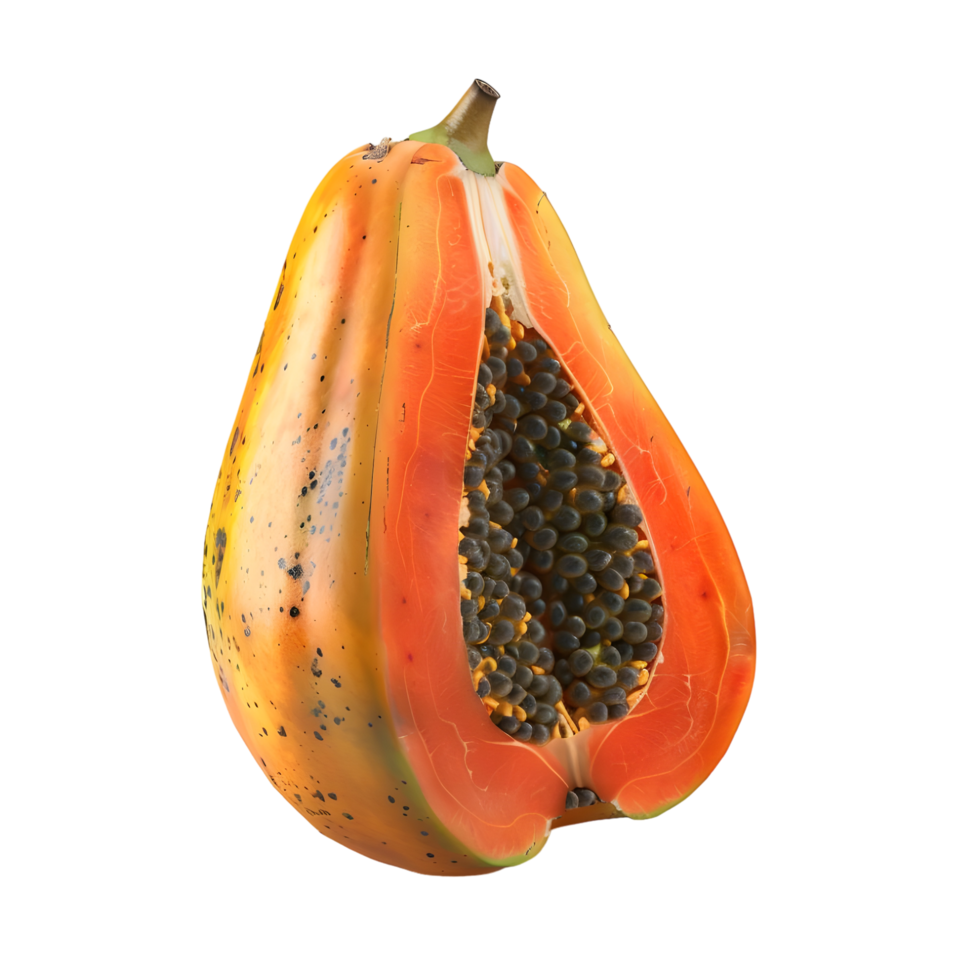 Half of a ripe papaya showing black seeds inside, isolated on a transparent background background png
