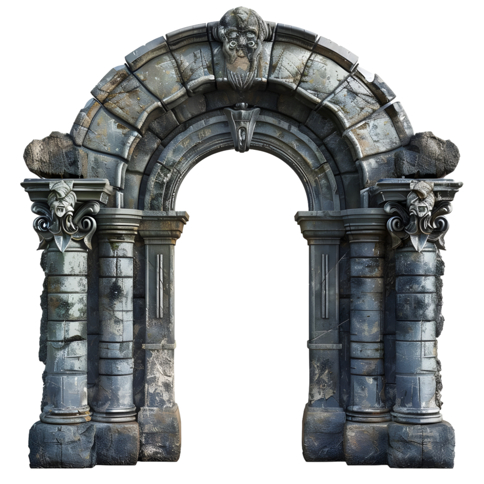 Ancient stone arch with detailed carvings, isolated on a transparent background png