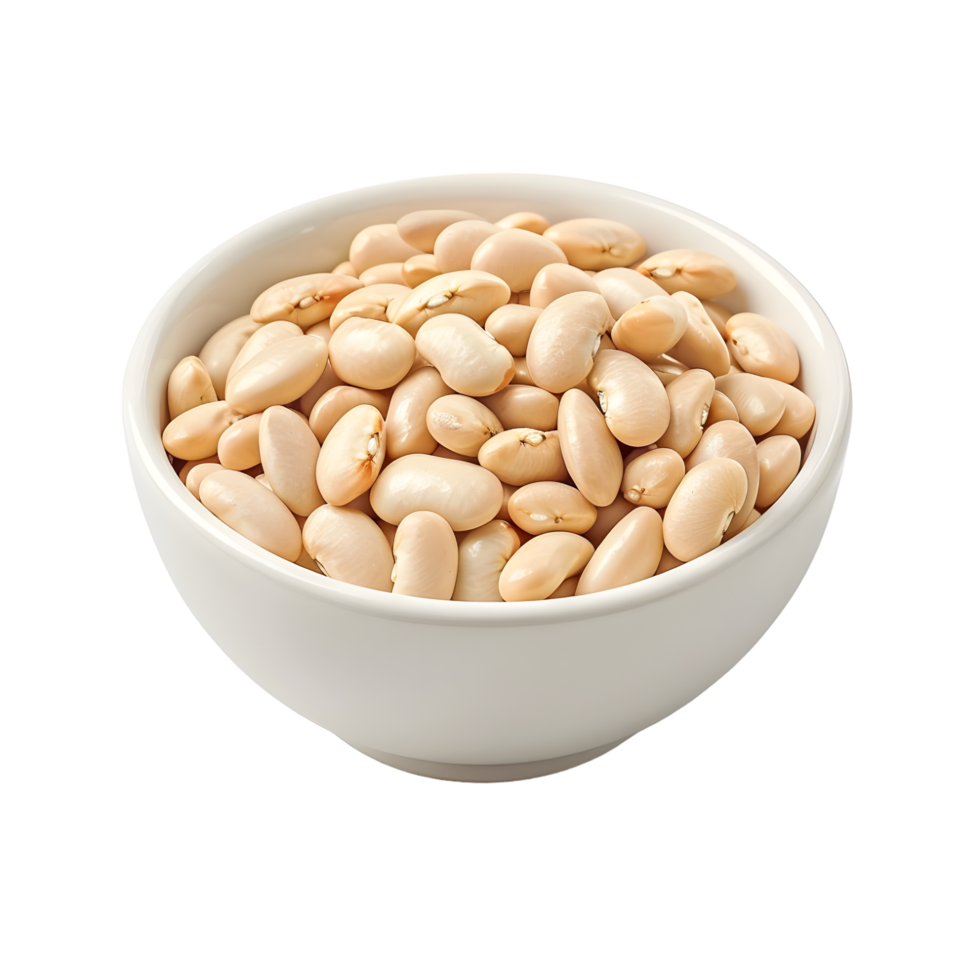 Close-up of a white ceramic bowl with beans, isolated on a transparent background png