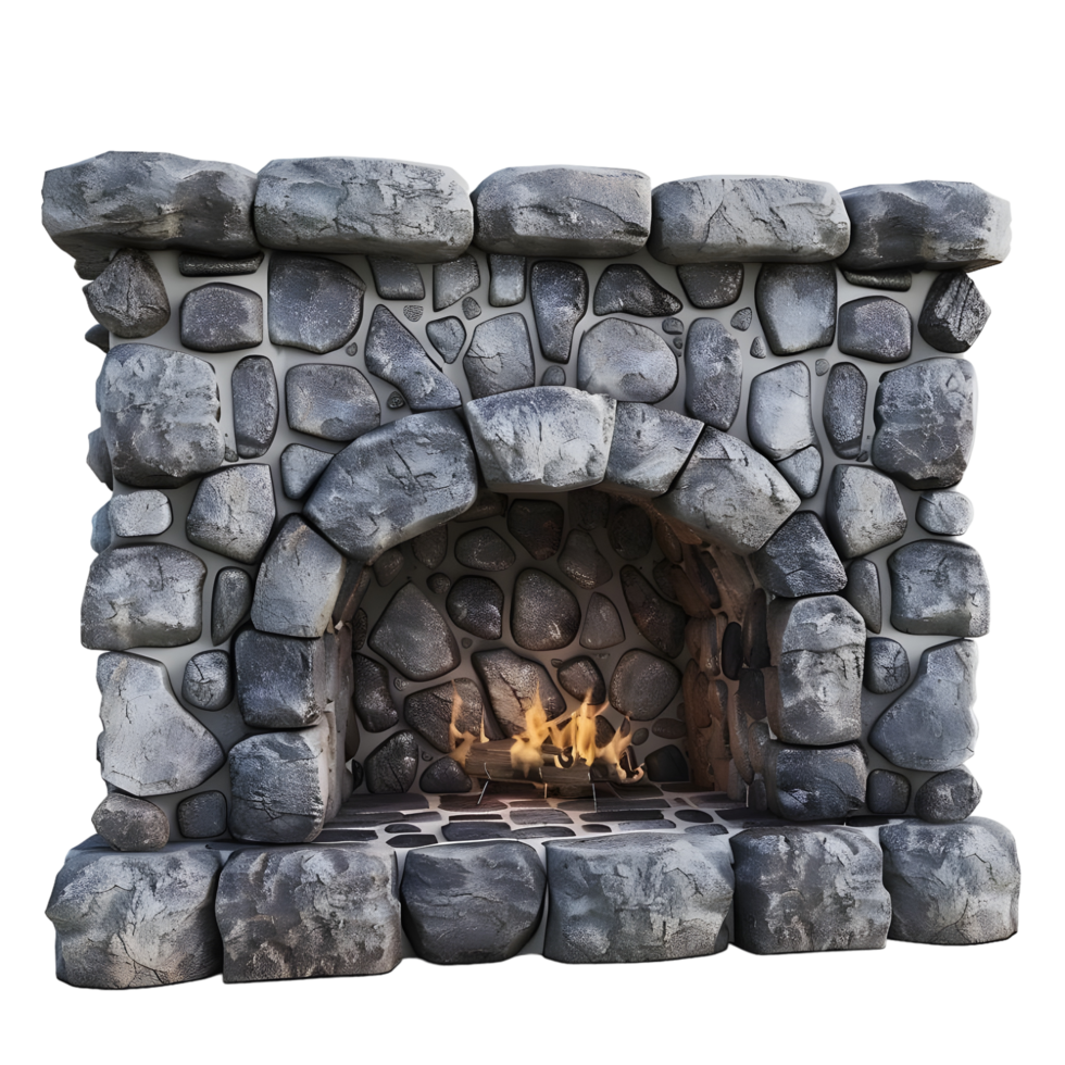 Rustic stone fireplace with logs and a glowing fire, isolated on a transparent background png