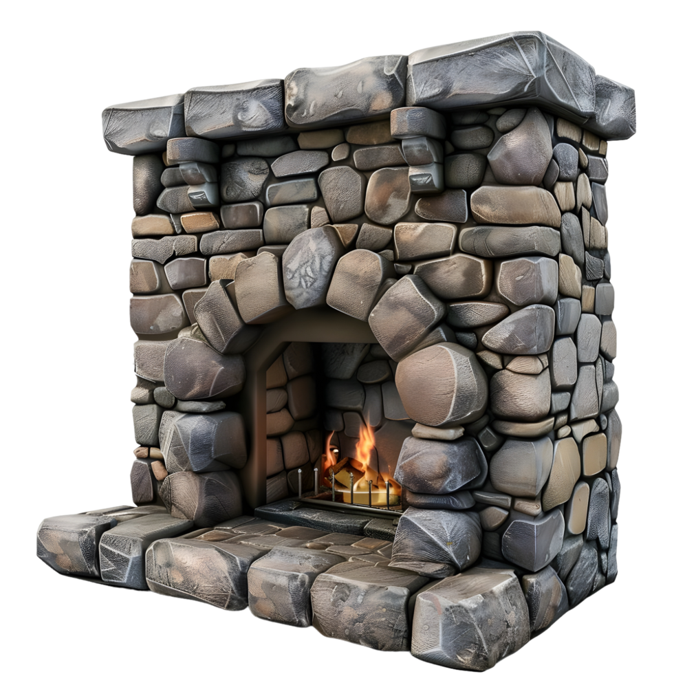 Elegant stone fireplace with intricate details and a cozy fire, isolated on a transparent background png