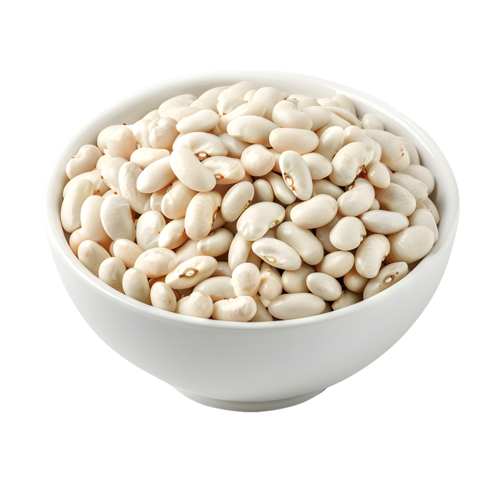 Small white bowl containing neatly piled dry beans, isolated on a transparent background png