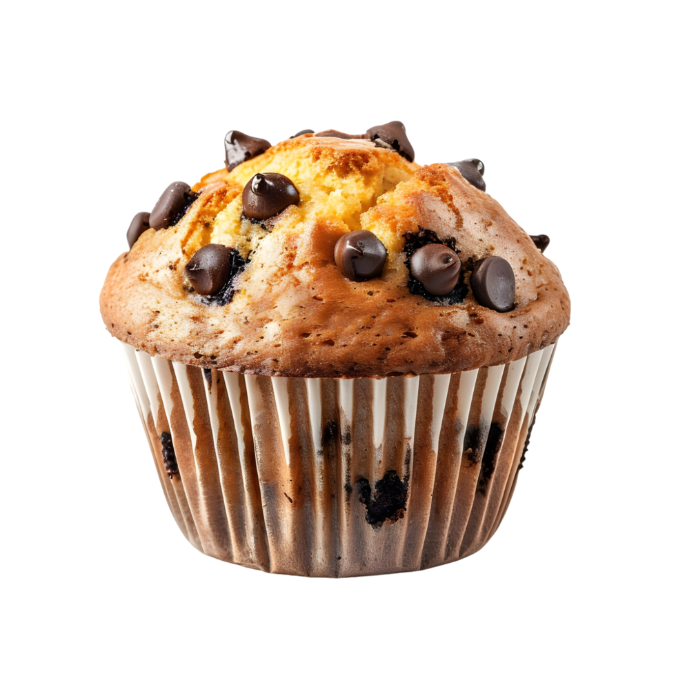 Chocolate chip muffin with a golden-brown crust, isolated on a transparent background png